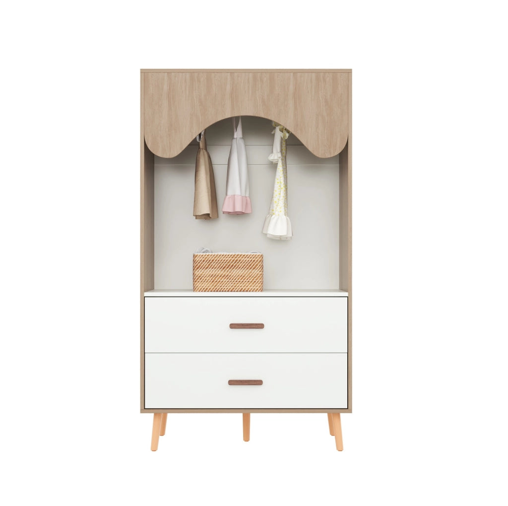 Armadio aperto per bambini con cassetti, bianco e legno