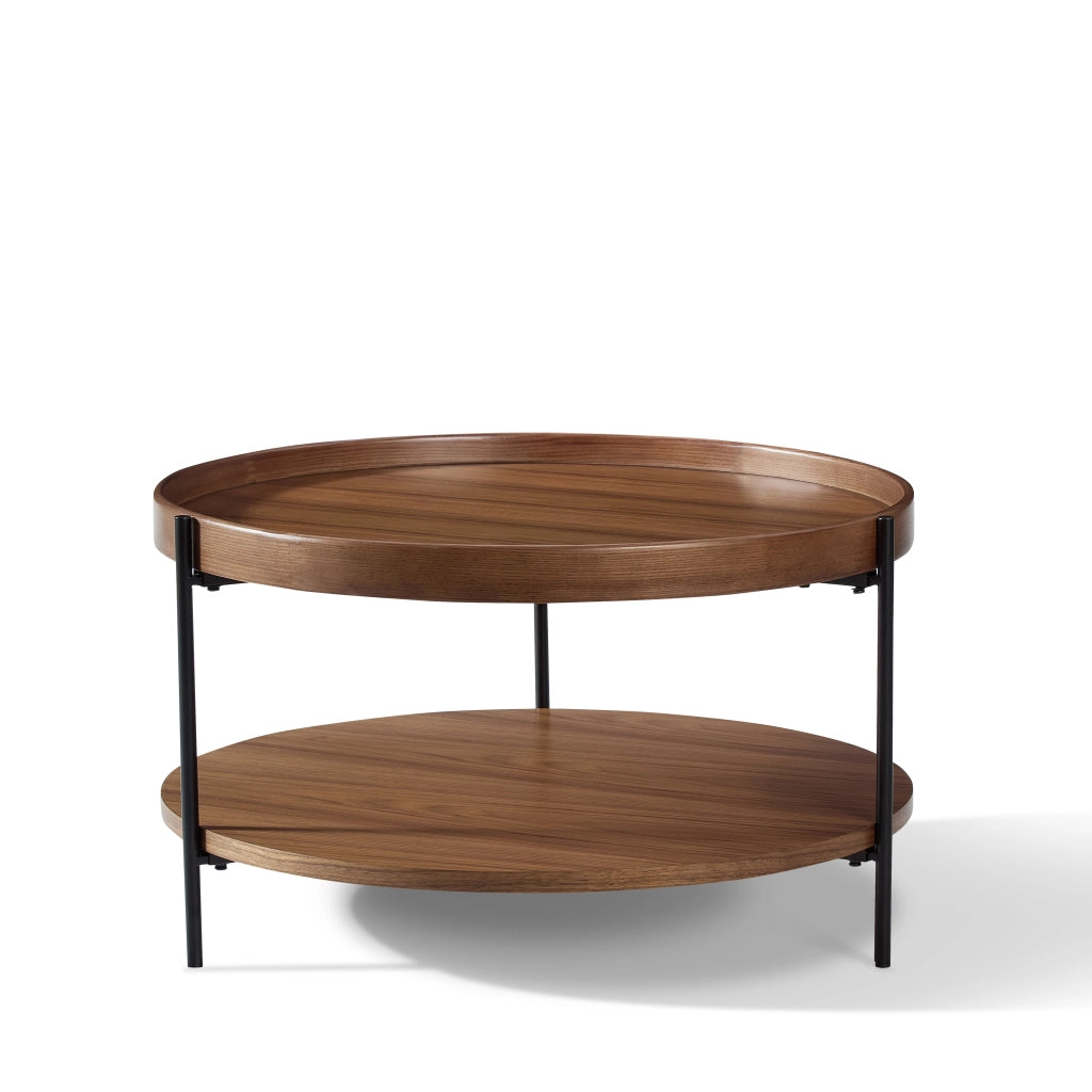 Tavolino basso con piano a due livelli e gambe in metallo, in legno massello e MDF, noce, per soggiorno, 44 × 44 × 48 cm