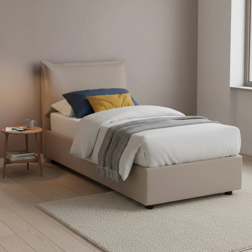 Letto singolo Janet, Letto contenitore con rivestimento in ecopelle, Made in Italy, Apertura frontale, con materasso cm 80x190 incluso, Tortora