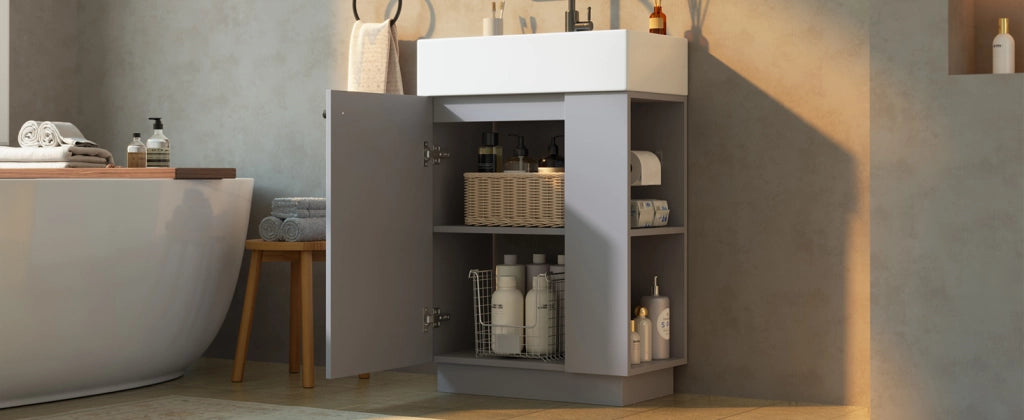 Mobile sottolavabo con lavabo in ceramica anta a chiusura ammortizzata e portarotolo removibile grigio 55 × 32 × 87 cm