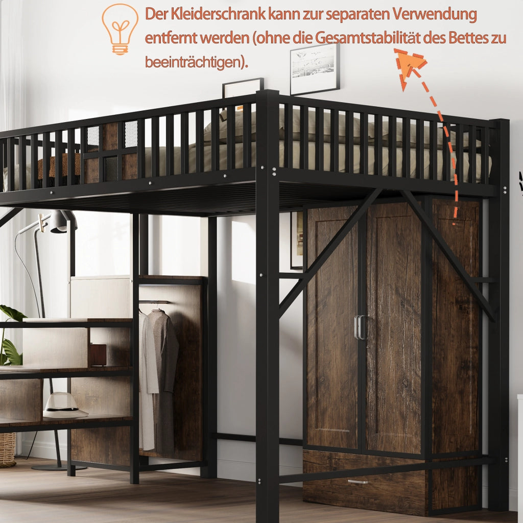 Letto a castello nero in metallo e legno con funzione contenitiva 140x200 cm