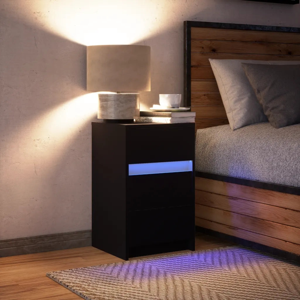 Comodino con Luci LED-Tavolino da notte Nero in Legno Multistrato 249260