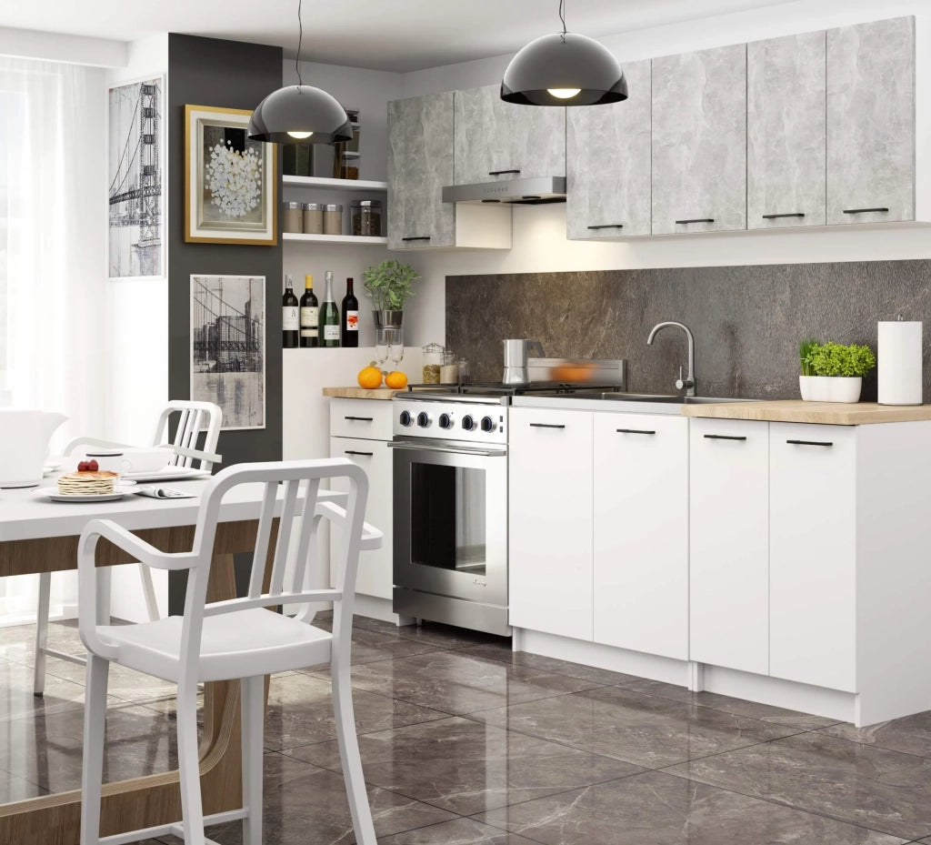 AKORD Set di Mobili da Cucina OLIWIA 240 cm Cemento 240 cm 11 ante 1 cassetto inserto frontale Bianco 240x46x203 cm