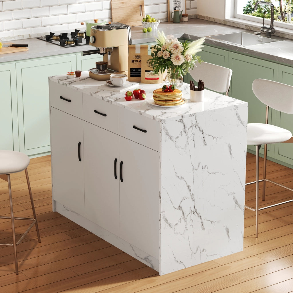 Isola da cucina con 3 cassetti; 3 ante; ripiani regolabili e zona bar integrata per cucina; bianco marmo
