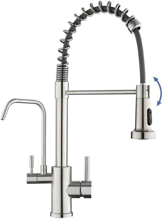 3 vie cucina con filtro, rubinetto cucina ad alta pressione con boccola estensibile a doppia vescica, rubinetto cucina a 360° girevole con maniglione doppio, miscelatore in acciaio inox liscio con installazione a singolo getto