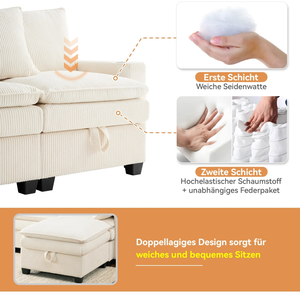 Divano modulare 6 posti in velluto a coste beige con USB