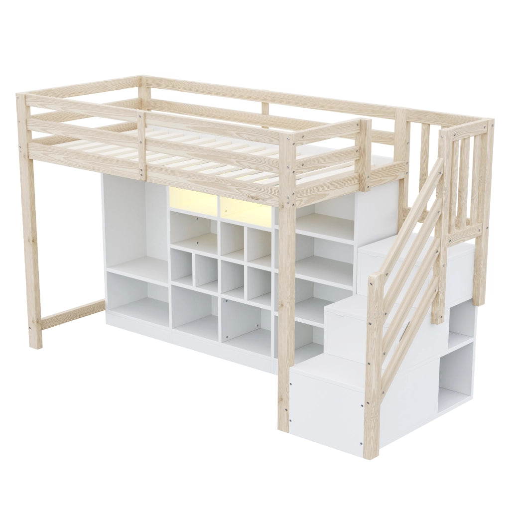 Hochbett 90 x 200 cm con spazio contenitore, libreria integrata, armadio e LED