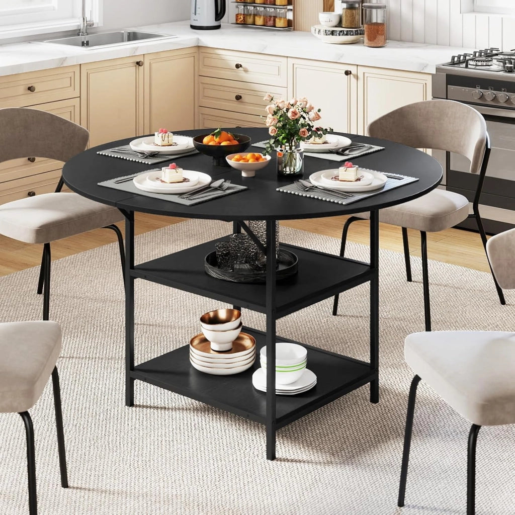 Tavolo da Pranzo Rotondo Ø 120 cm, adatto per 4-6 Persone, con 2 Ripiani, Piano Effetto Legno e Struttura in Metallo, Stile Industriale, Ideale per Cucina e Sala da Pranzo
