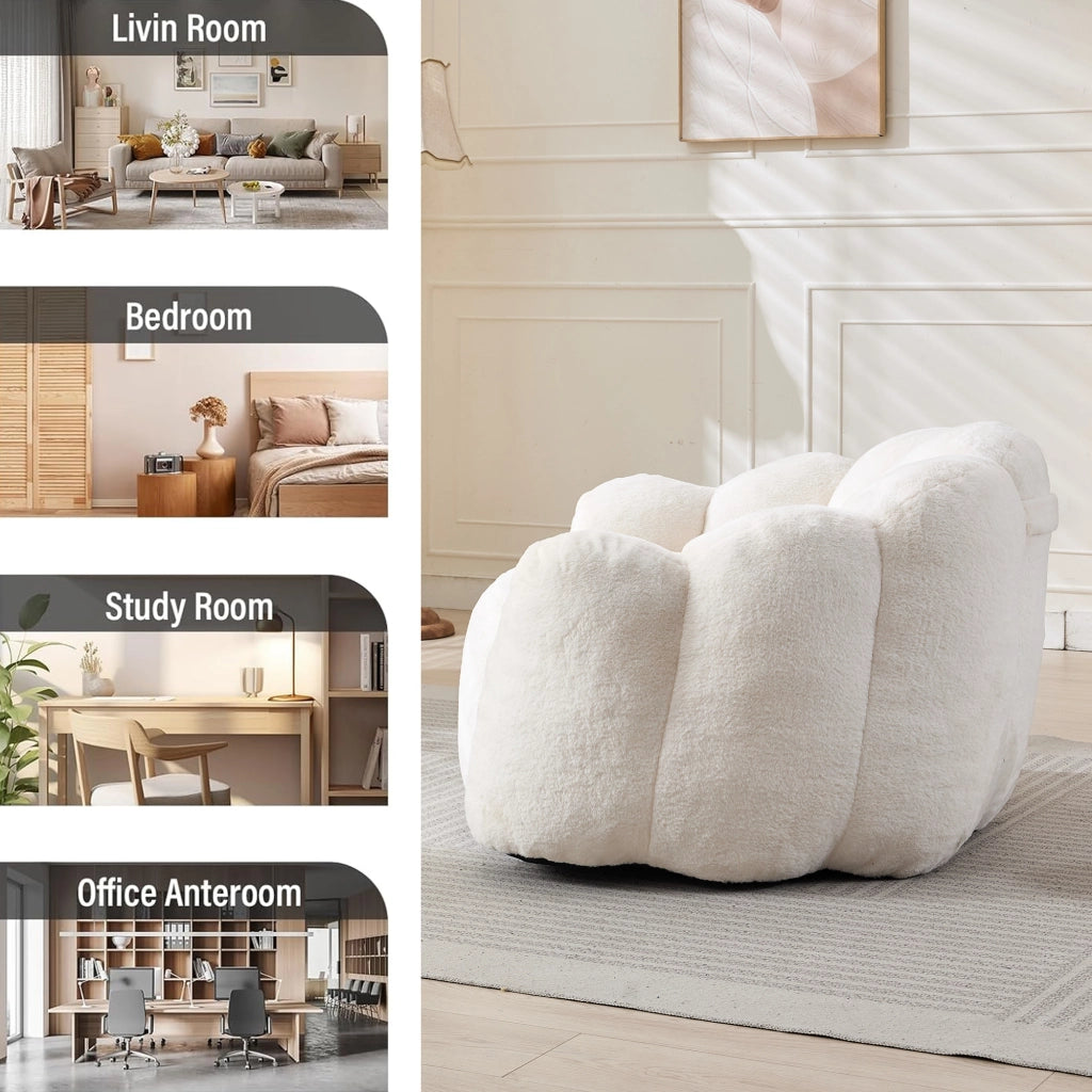 Fauteuil pouf a fiore in velluto peluche con imbottitura in schiuma, leggero e senza montaggio, bianco 47 × 45 × 34 cm
