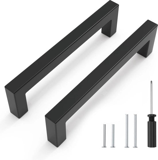 16 maniglie per mobili, nero, 128 mm, maniglie per armadi, maniglie per cucina, acciaio inossidabile, maniglie quadrata con viti e chiave inglese, per cucina, carico, armadi, mobili