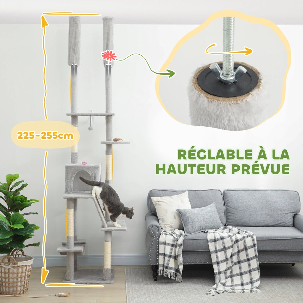 Tiragraffi per gatti a torre ¨C zephmum ¨C grigio chiaro 225-255 cm 6 livelli con nicchia e amaca