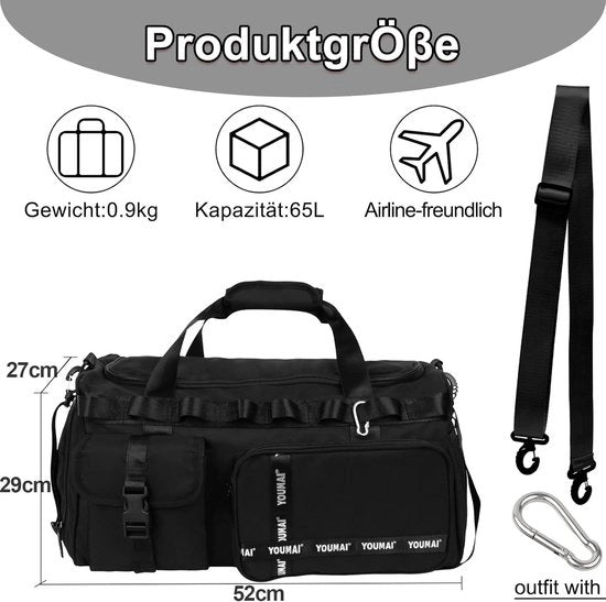 Sporttas grande con cassetto per scarpe e cassetto impermeabile - 65L zaino multifunzionale per sport e viaggi di fine settimana