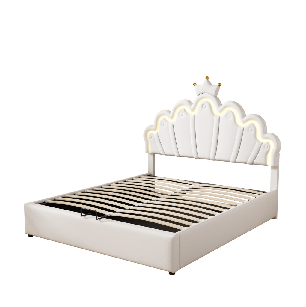 Letto imbottito 140x200 cm con LED e contenitore; PU; bianco