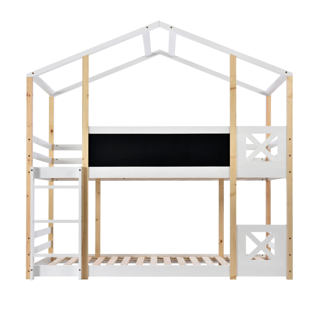 OKWISH Letto a Casetta 90×200 cm, Letto Singolo con Scala, Lavagna e Sponda, senza Materasso, in Legno Massello, Bianco
