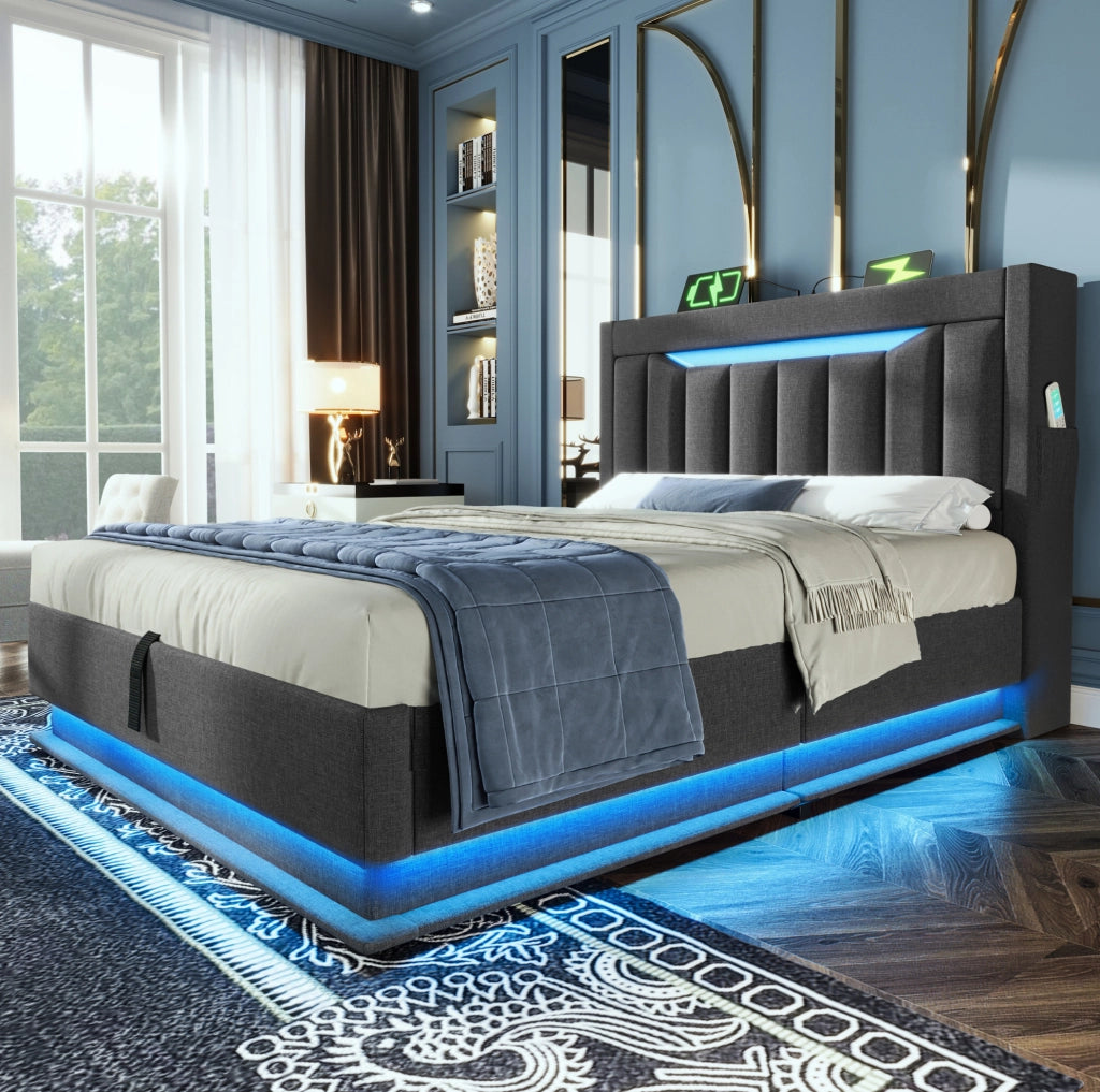 Letto singolo 90x200 cm con LED, ricarica USB-C e vano contenitore, grigio