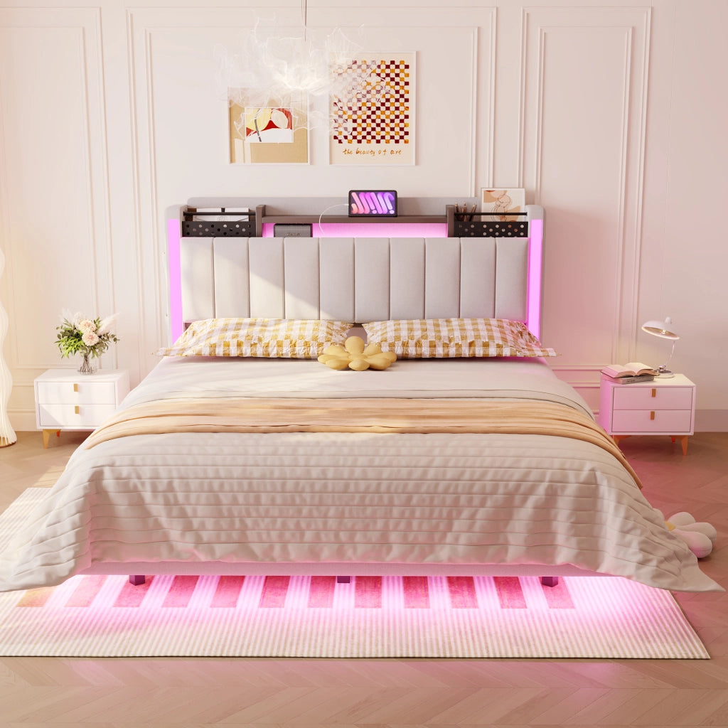 LETTO Imbottito 140x200 cm Beige con LED e porta USB
