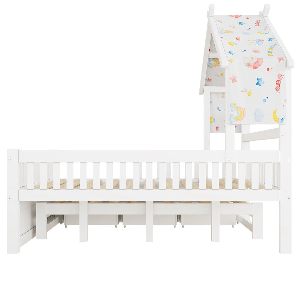 Letto Casetta con Letto Estraibile, 3 Cassetti e Sponde ¨C Xylo ¨C Bianco 140x200