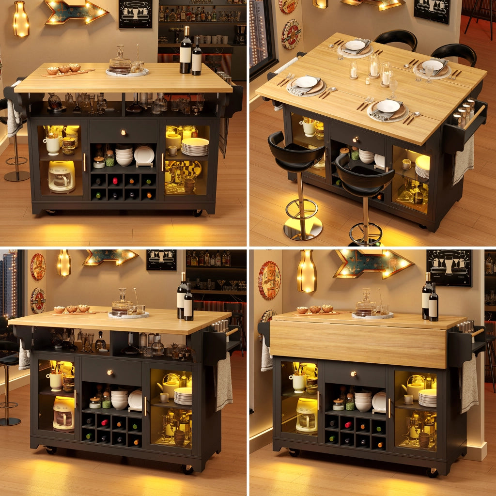 Carrello servitore con illuminazione LED RGB; estensioni ribaltabili e cantinetta; nero; altezza 95 cm