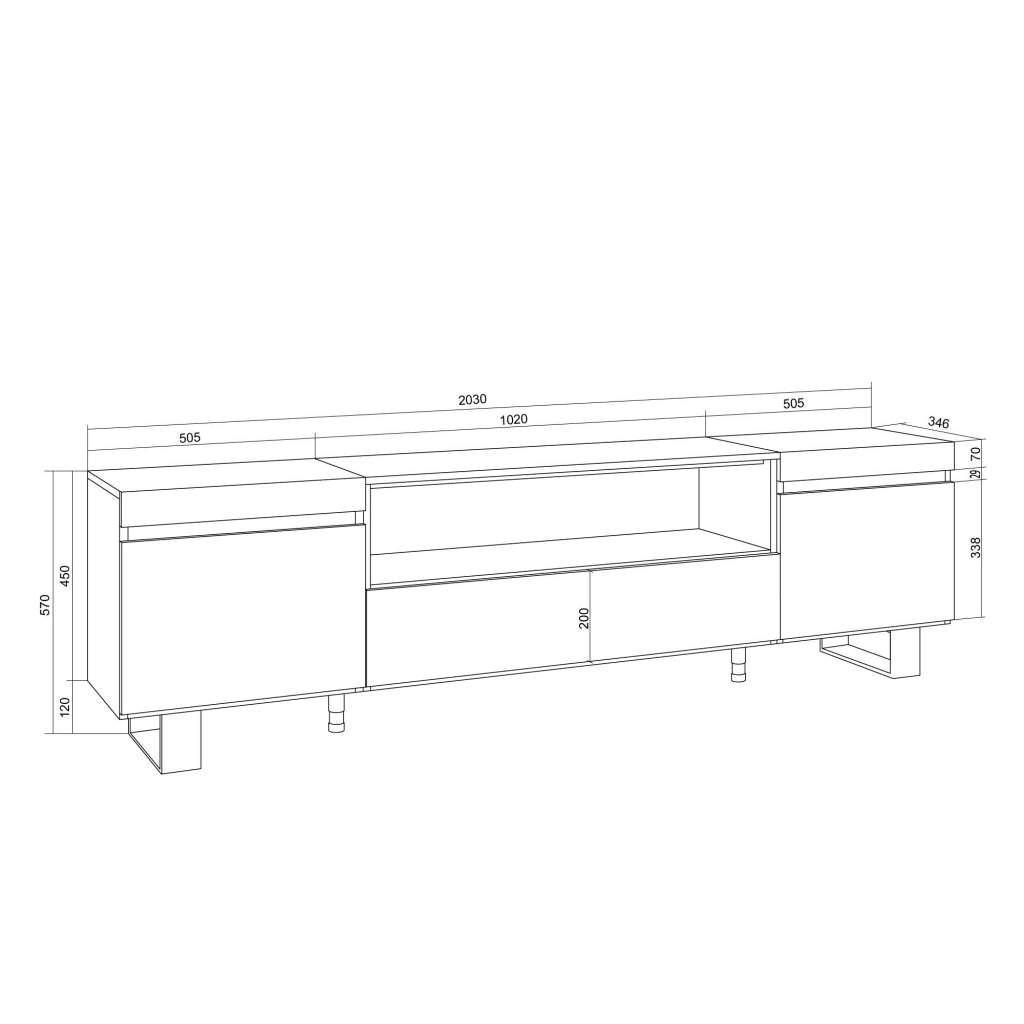 Mobile TV Soggiorno, 200x57x35cm, Per TV fino a 80", Design industriale, Bianco e Rovere soft