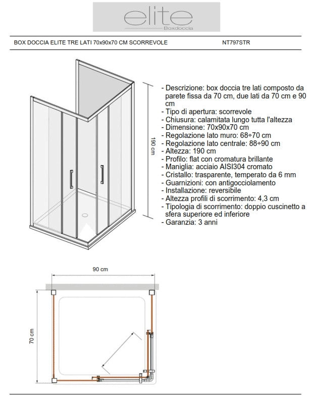 Box Doccia Elite Tre Lati 70x90x70 Cm Scorrevole Trasparente