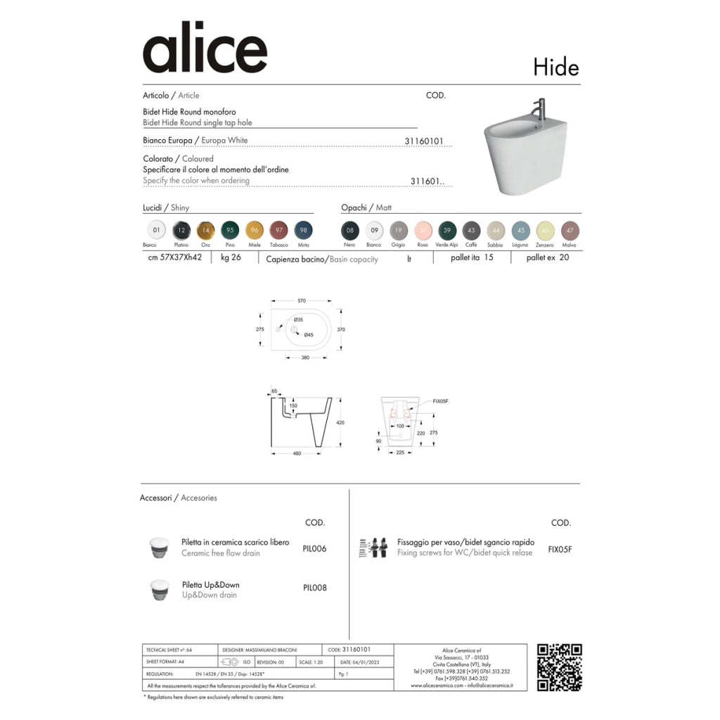 Coppia Di Sanitari Da Terra Alice Ceramica Filo Muro Senza Brida Bianco Lucido "Hide Round"
