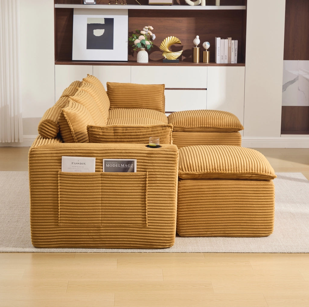 Divano modulare in velluto a coste arancione con tasche laterali; cuscini; 322x161x75 cm