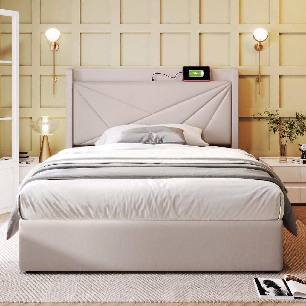 Letto contenitore singolo 90×200 cm con USB Type-C; testiera; materasso incluso; beige