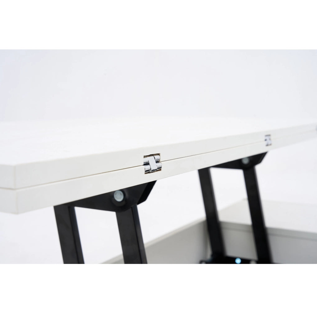 Tavolino da caffè 100x50x43 cm con doppio piano sollevabile; vano nascosto in truciolato bianco