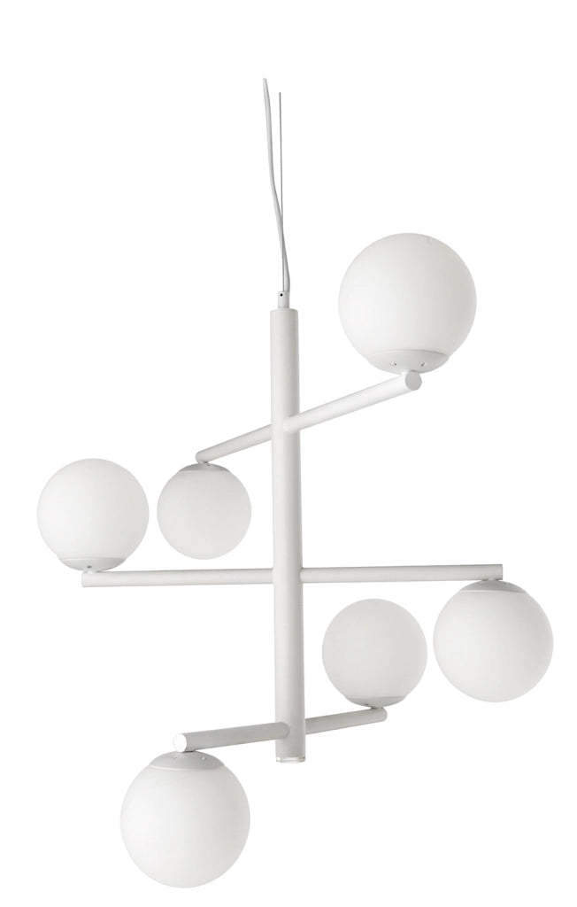 SOSPENSIONE GIZAH BIANCO VETRI OPALI 6 LUCI ATTACCO E14 PIU' LED INTEGRATO 5W 420LM