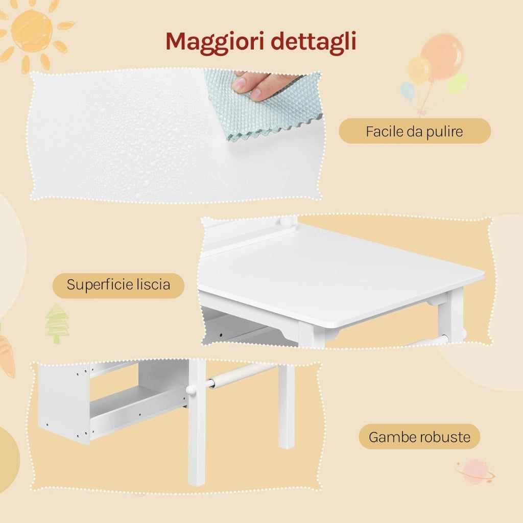 Tavolino Bambini con 2 Sedie, 3 in 1 Scrivania Cameretta in Legno, con Ripiano a 3 Livelli, Portarotolo di Carta e Contenitore Rimovibile, per Asilo, Bianco