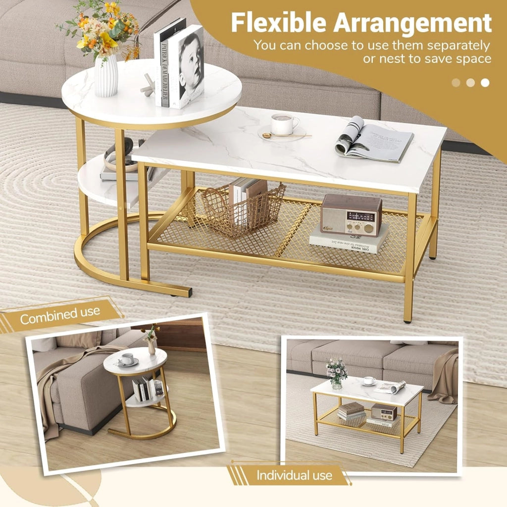 Set di Tavolini da Caffè a 2 Pezzi, Tavolini Sovrapponibili a 2 Livelli con Piano in Marmo Finto e Struttura in Metallo, Tavolino Rettangolare e Tavolino Rotondo (Oro+Bianco)