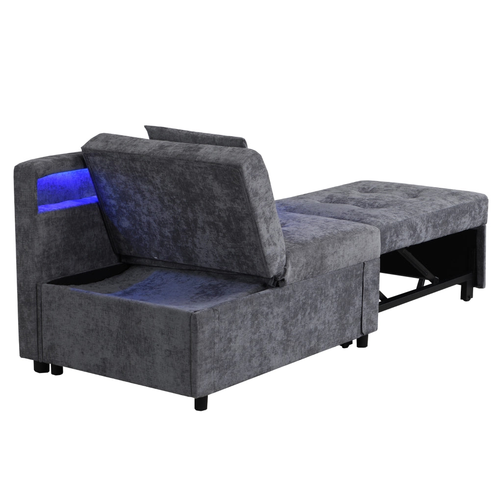 Divano letto 3 in 1 effetto lino, schienale 5 posizioni, USB/Type-C e LED, grigio chiaro