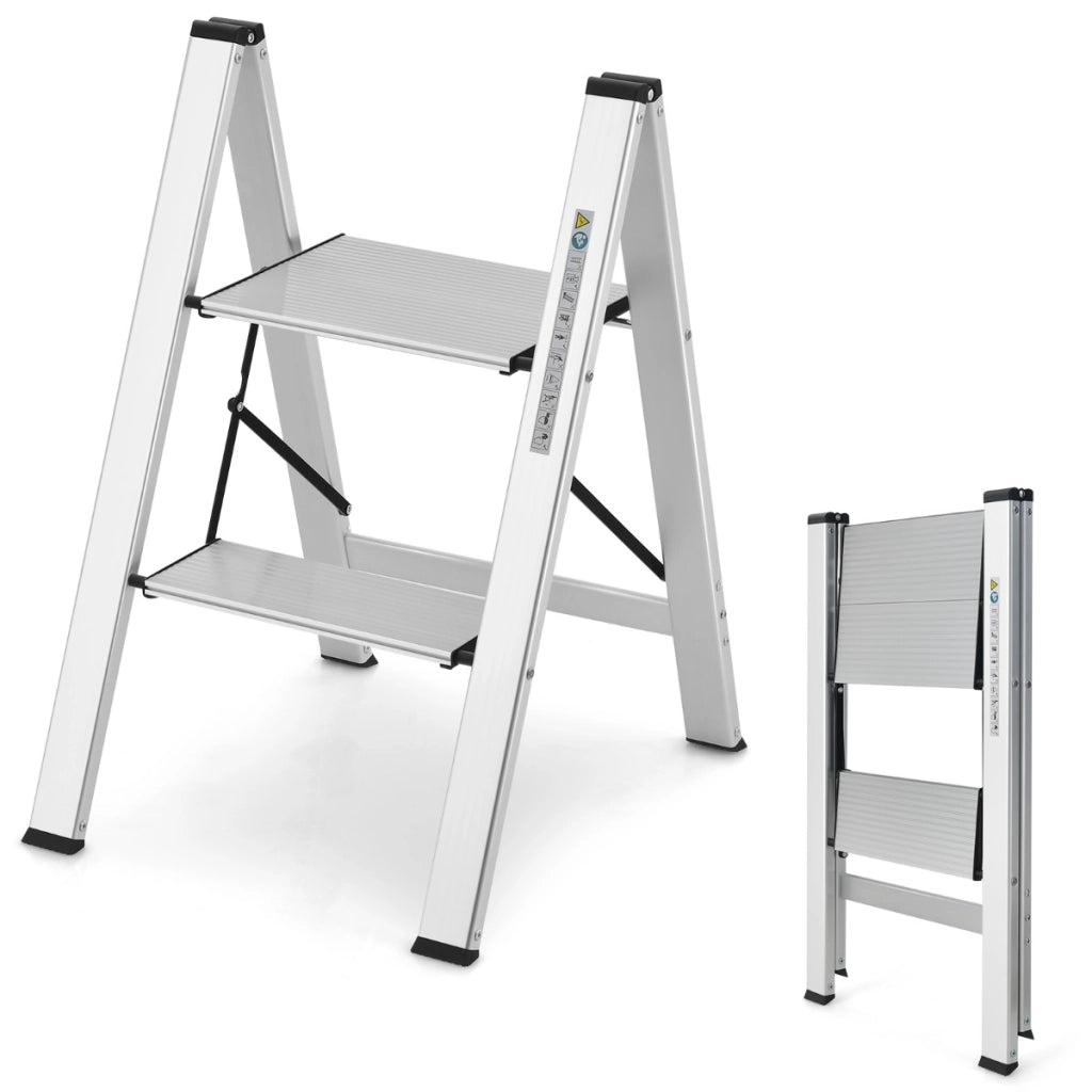 Scala pieghevole in alluminio con gradini antiscivolo e poggiapiedi, Scala portatile portata 150kg 44x49x66cm