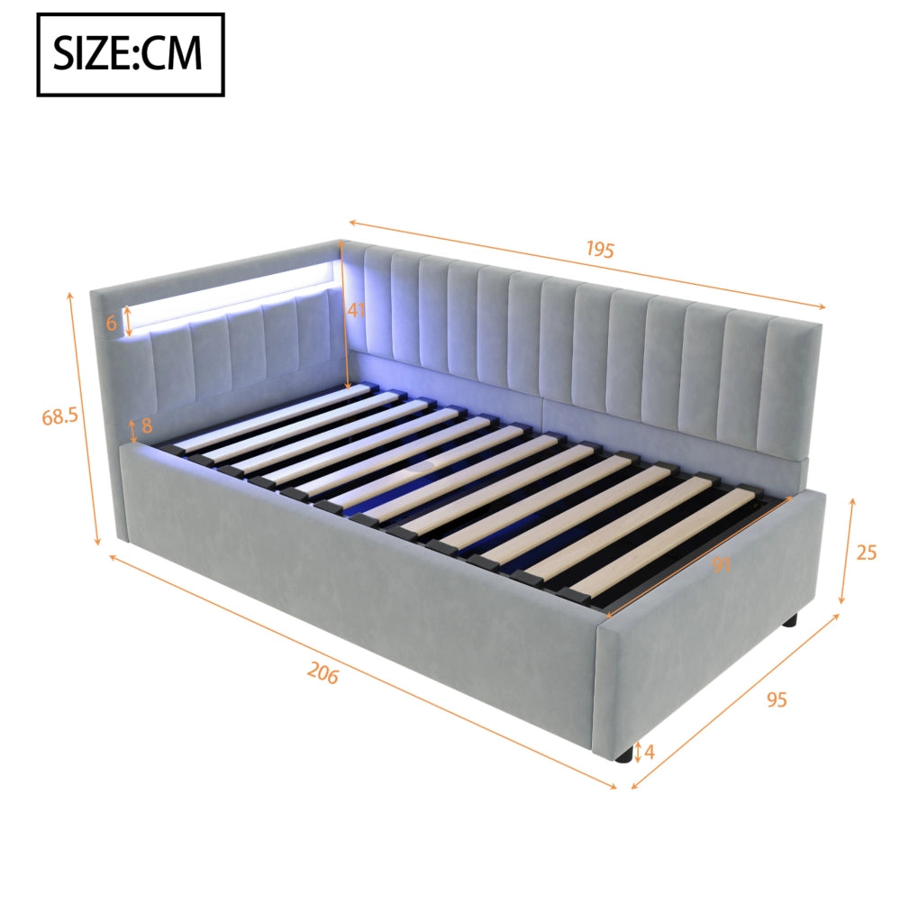 Divano letto 90x200 cm con LED e vano contenitore idraulico; in velluto grigio (Senza materasso)