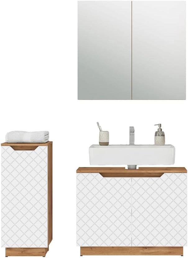 Set di mobili da bagno Lotta, Rovere/bianco con struttura in piastrelle, 3 parti