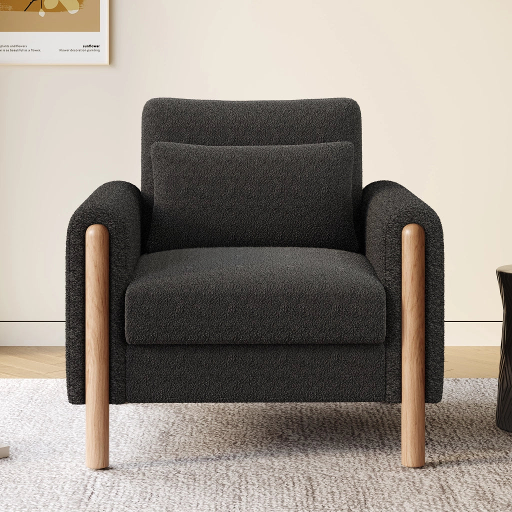 Poltrona lounge monoposto in teddy con cuscino spesso e struttura in legno massello, per soggiorno, grigio scuro