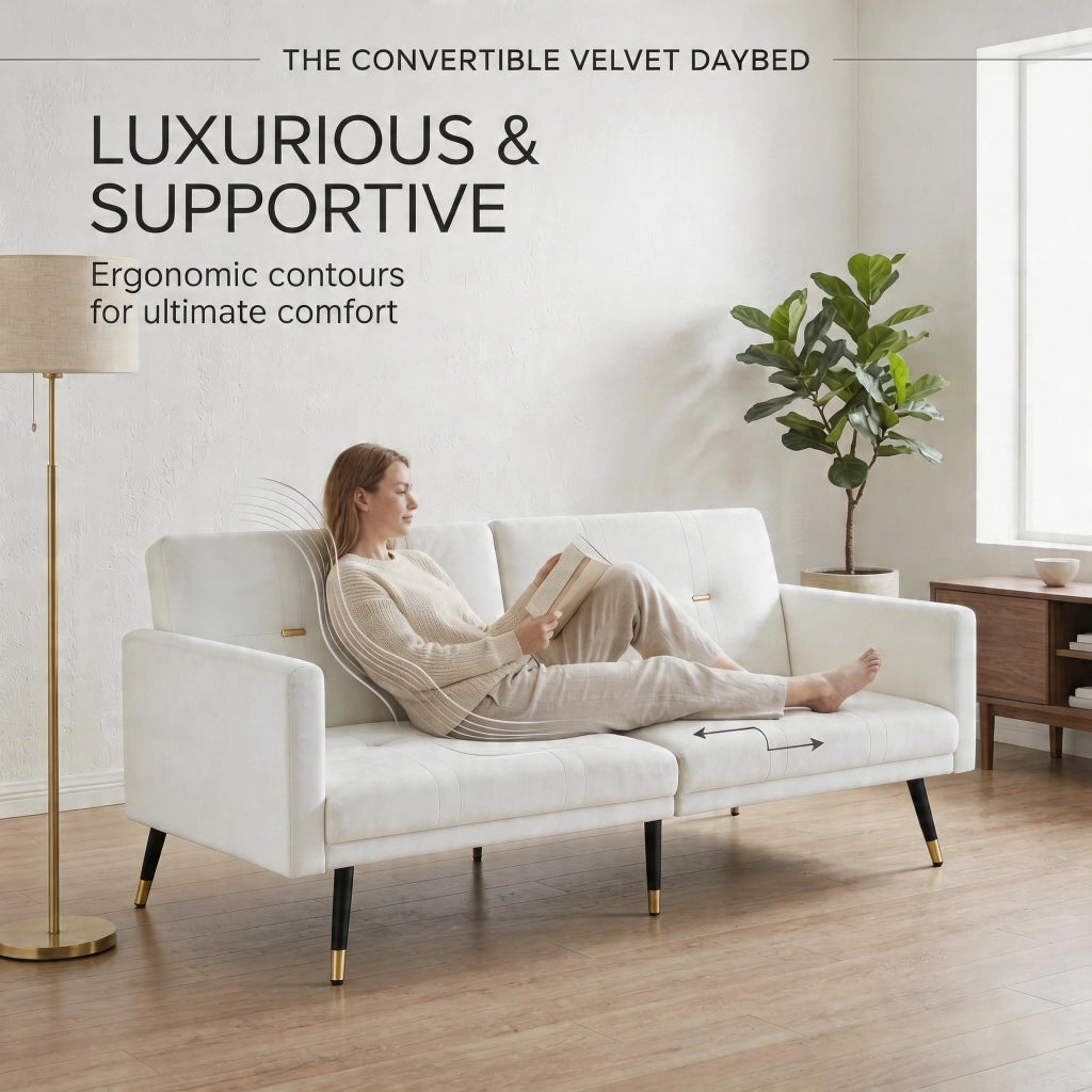 Divano letto 2 posti in velluto con schienali regolabili separatamente 5 posizioni beige 164 × 89 × 70 cm