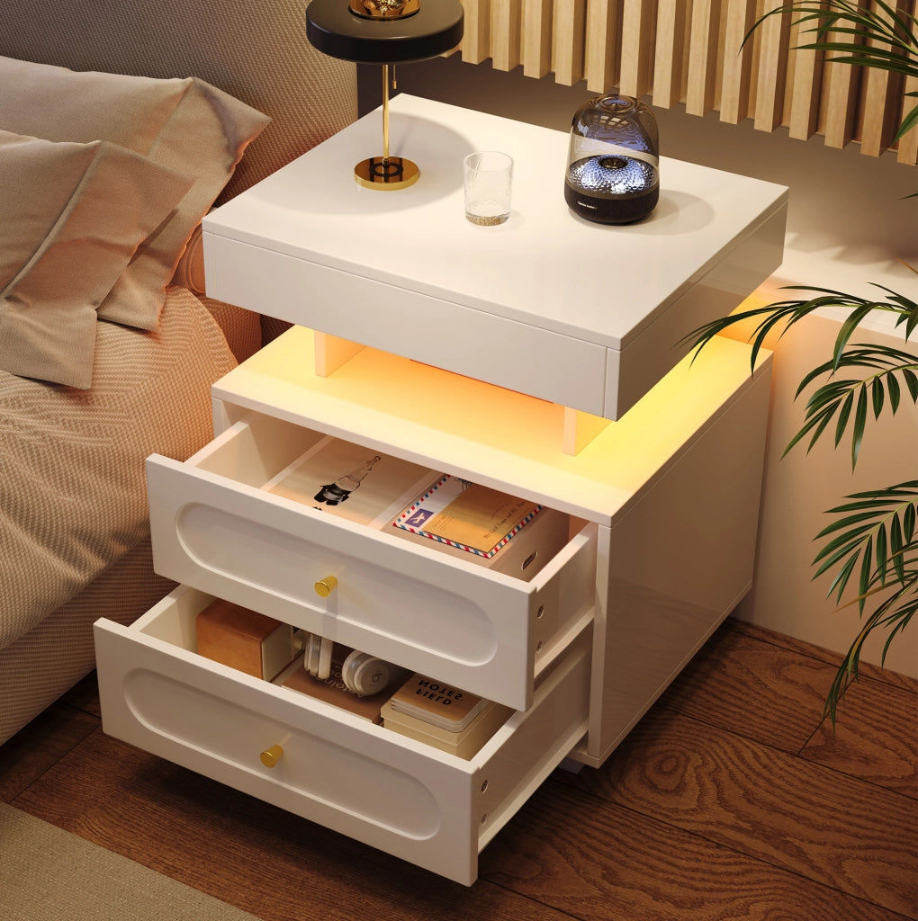 Comodino con LED, 2 cassetti e vano aperto, Bianco, 100x40x60 cm