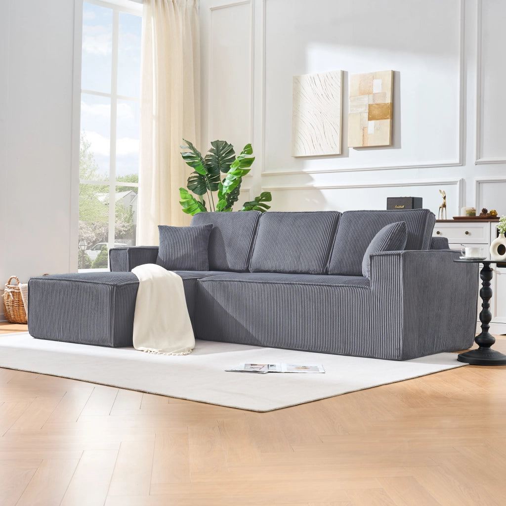 Divano angolare convertibile 2 posti con chaise longue, schiuma ad alta densità, in velluto a coste, Grigio
