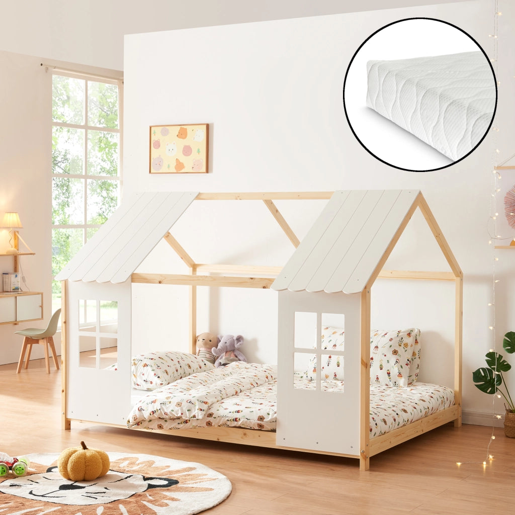Letto Tostedt per Cameretta a Forma di Casetta con Materasso 120 x 200 Naturale / Bianco [en.casa]