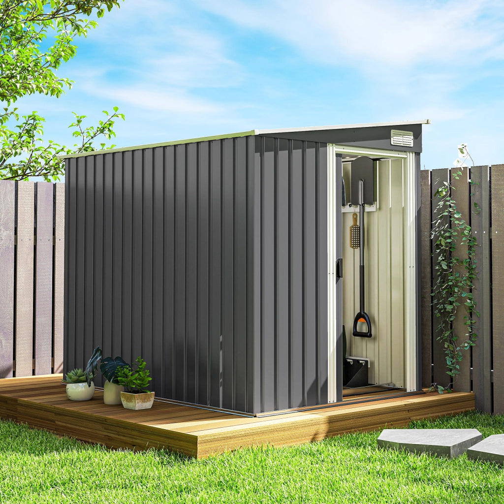 Capanno Attrezzi in Metallo 1.5x2m con Base, Porta Scorrevole e Tetto Inclinato, Grigio Scuro