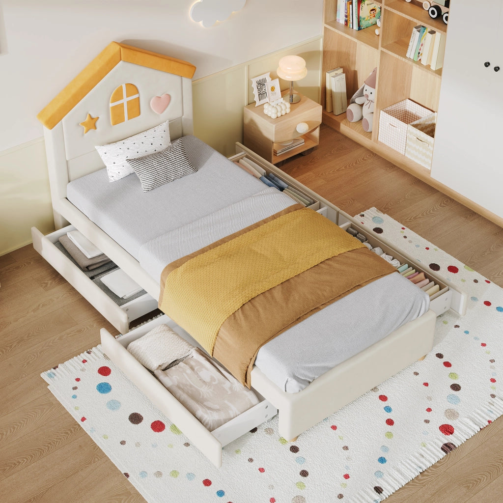 Letto per bambini 90x200 cm con 4 cassetti in velluto francese beige