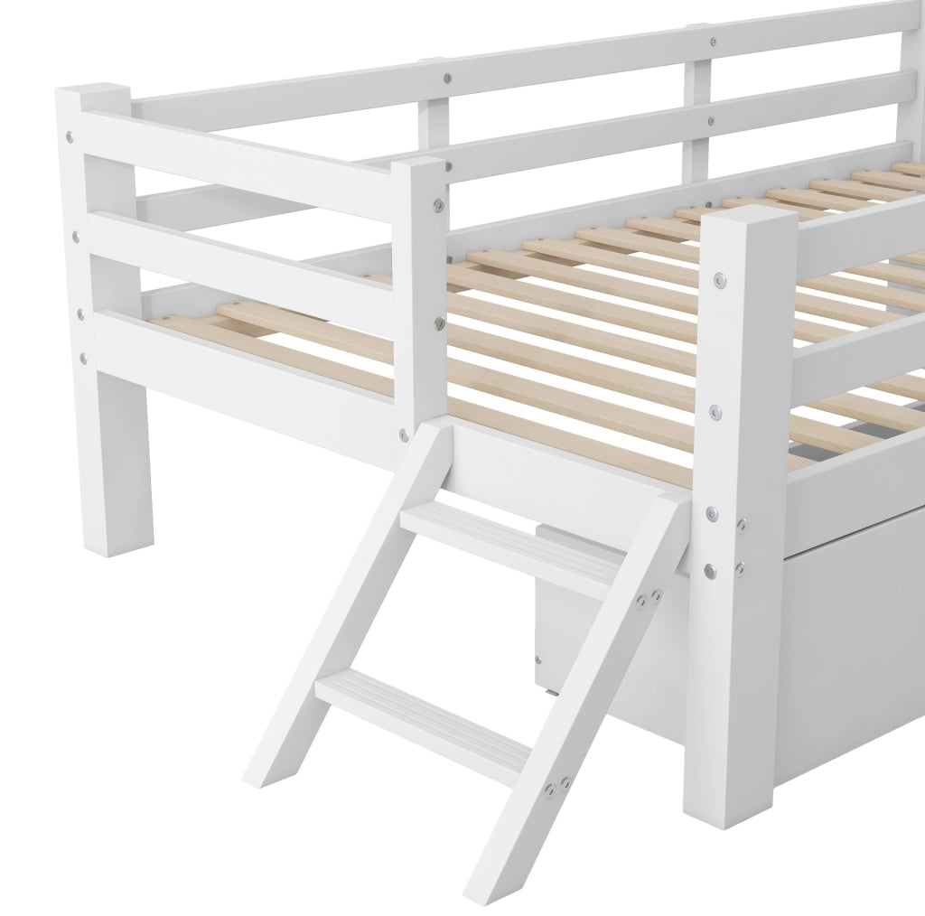 Letto a piattaforma ULEVR 90x200 cm con protezione laterale e 2 cassetti, bianco