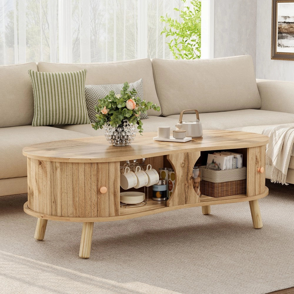 Tavolino da Caff¨¨ con 2 Ante Scorrevoli ¨C MINIMAL ¨C Effetto Legno, MDF, Gambe Massello