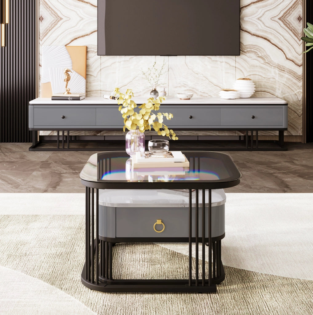 Set di 2 tavolini da salotto modulari con cassetti nero/grigio