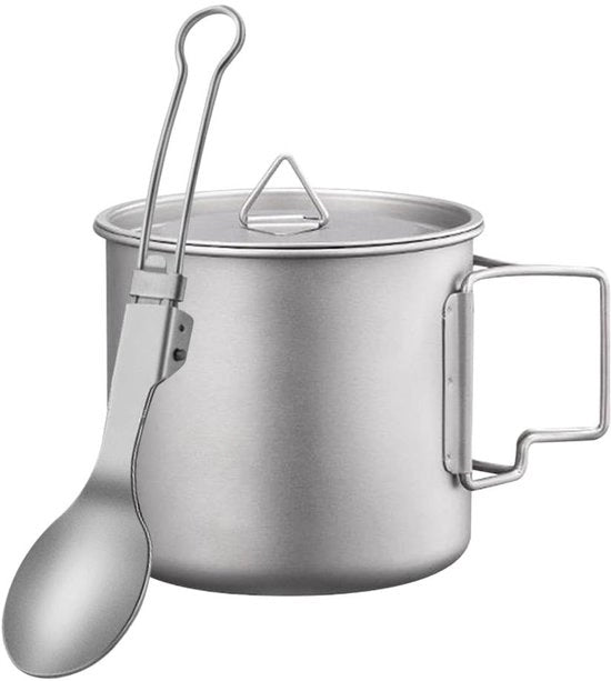 Impianto da Cucina in Titanio - Pentola da Campeggio Leggera - Manico Ripiegabile - Coperchio con Cucchiaio - Cucina all'Aperto - Resistente alla Corrosione - Utensili da Cucina