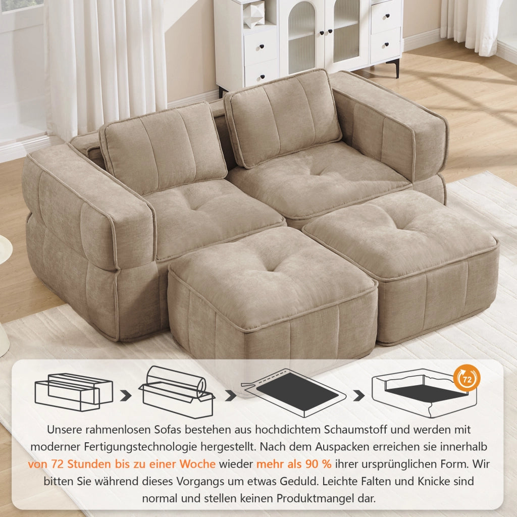 Divano modulare a 2 posti con due pouf senza struttura di supporto in tessuto poliestere sabbia 198 × 162 × 67 cm