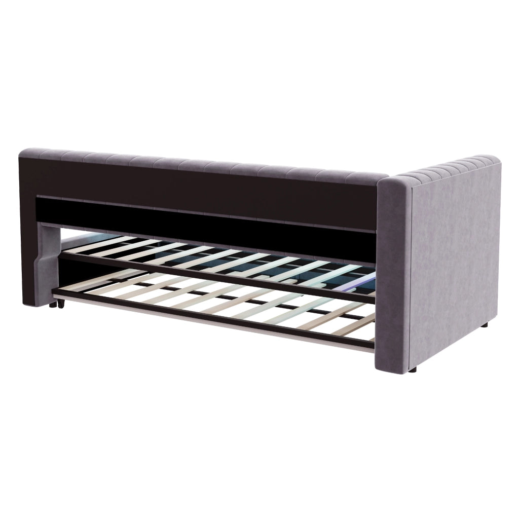 Divano letto estraibile 90x200 cm in velluto grigio chiaro con LED e USB