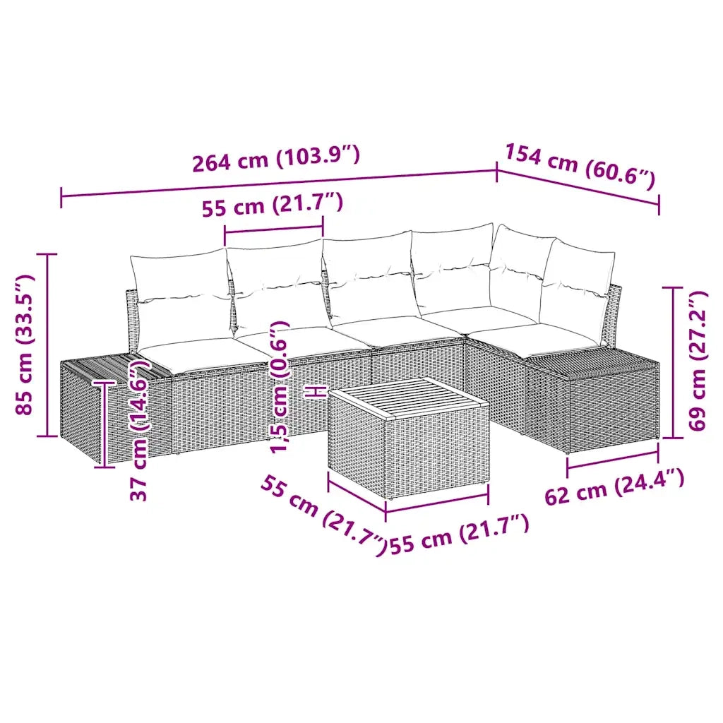 Set Divano da Giardino con cuscino 6 pcs Nero polyrattan 3347957