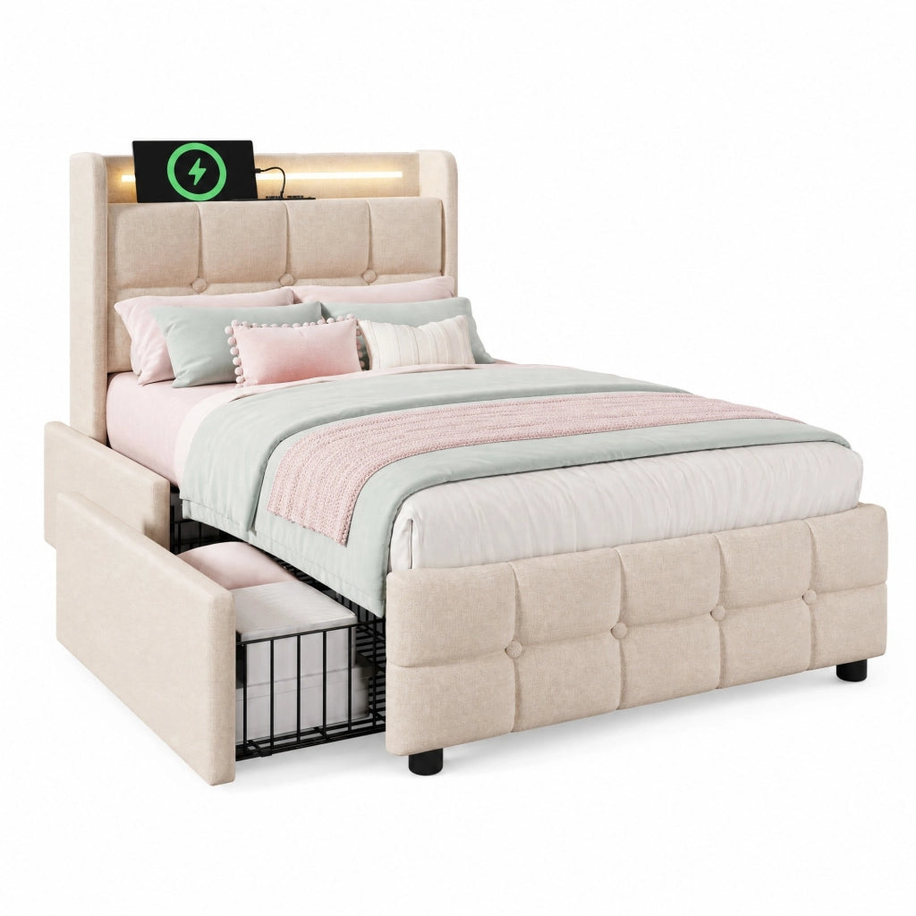 Letto singolo 90x200 cm con LED; USB; prese e 2 cassetti; beige
